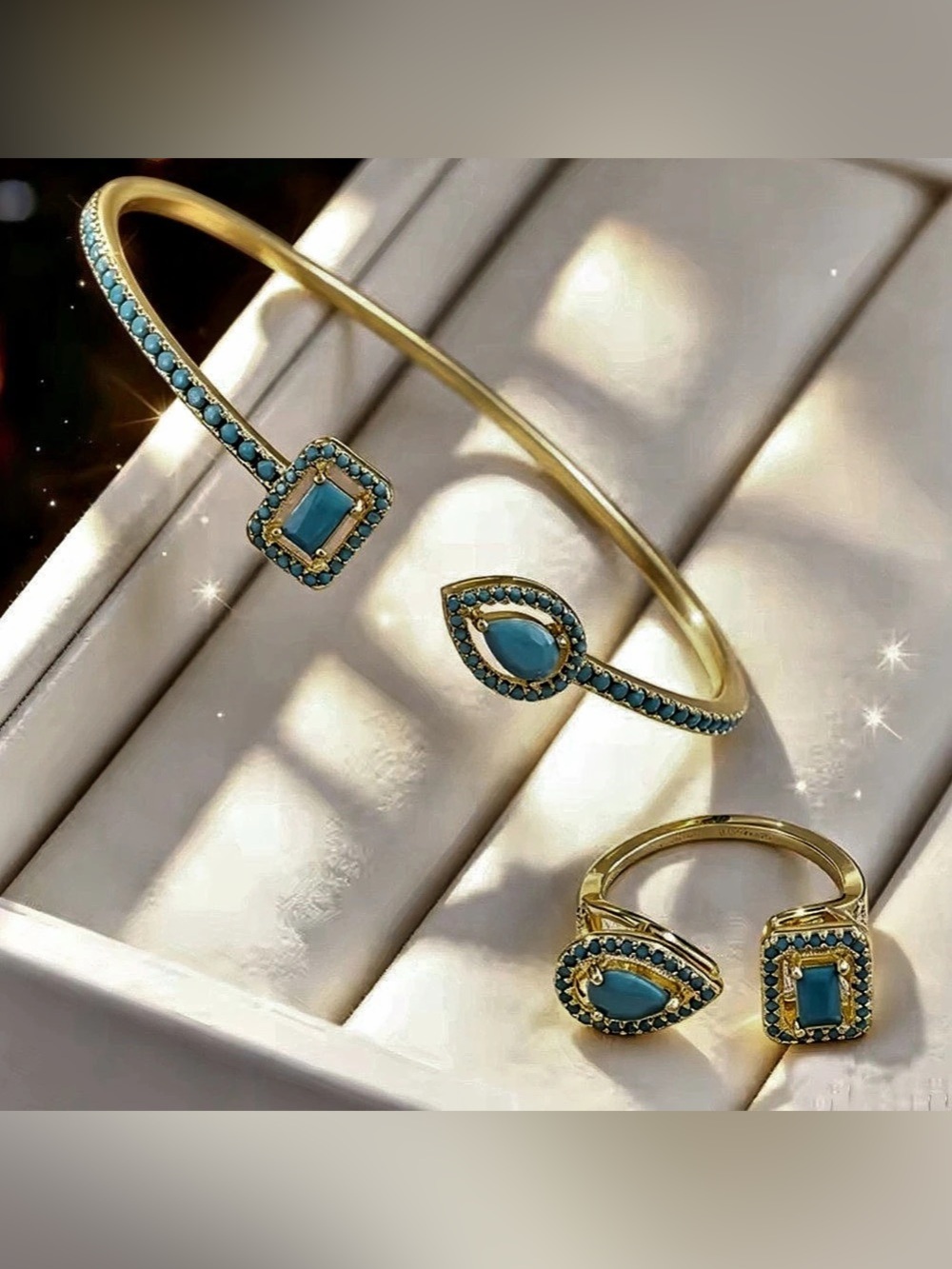 New Blue Stone Gold-Tone Cuff Bracelet & Ring